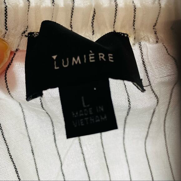 LUMIERE Black White Pin Stripes Cold Off Shoulder Tank Top Shirt Blouse L - Picture 6 of 9